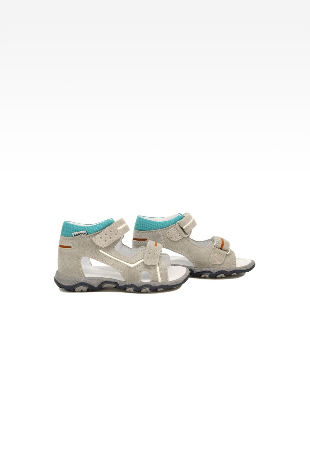 Szare sandały chłopięce Bartek 118250-30 z turkusowymi wstawkami, zapinane na rzepy, z wytrzymałą podeszwą i komfortowym wykończeniem, idealne do codziennego użytku.