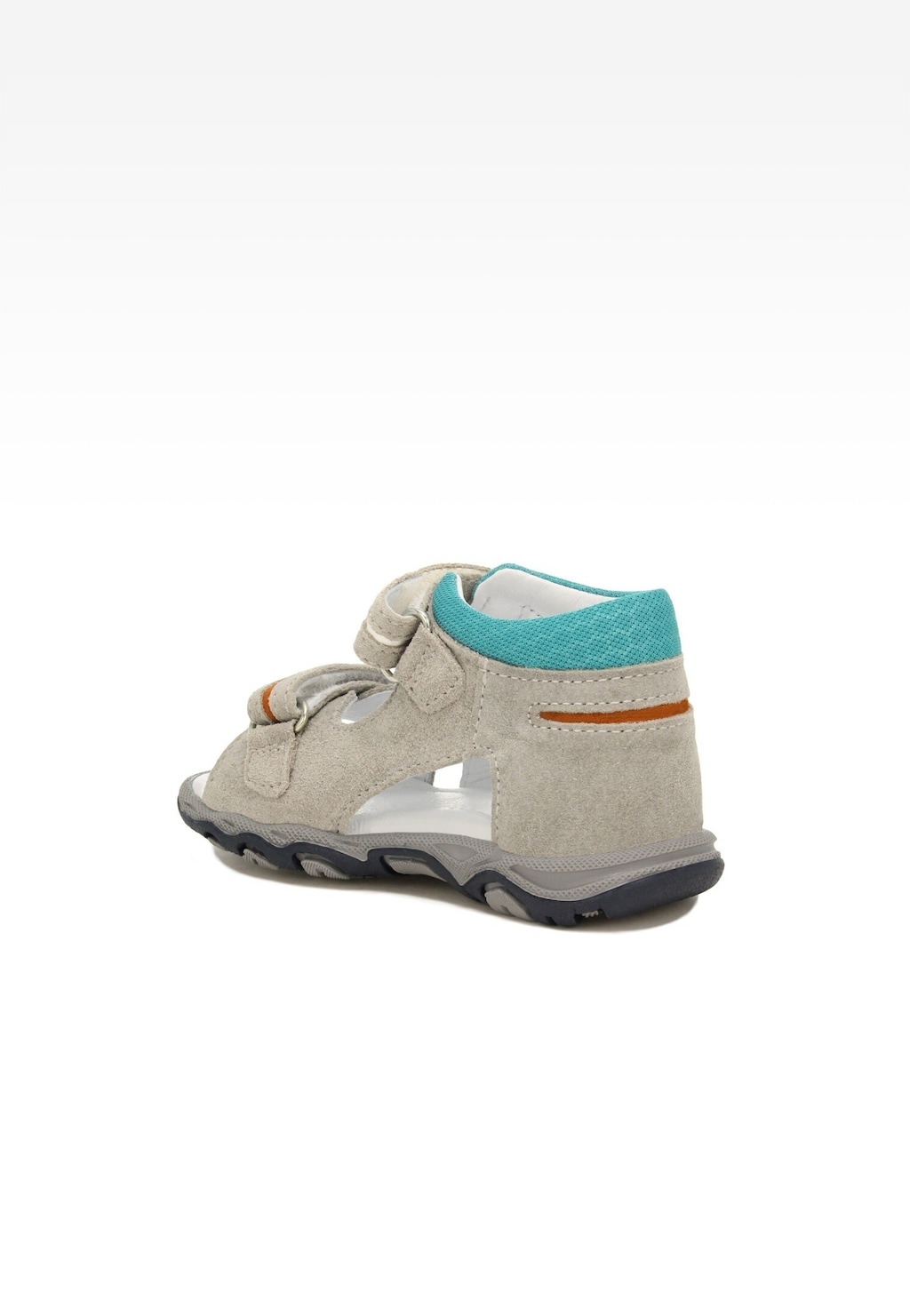 Szare sandały dziecięce Bartek 118250-30 dla chłopców z turkusowym wykończeniem, zapinane na rzep, z wytrzymałą podeszwą i osłoniętymi palcami, widok z boku.