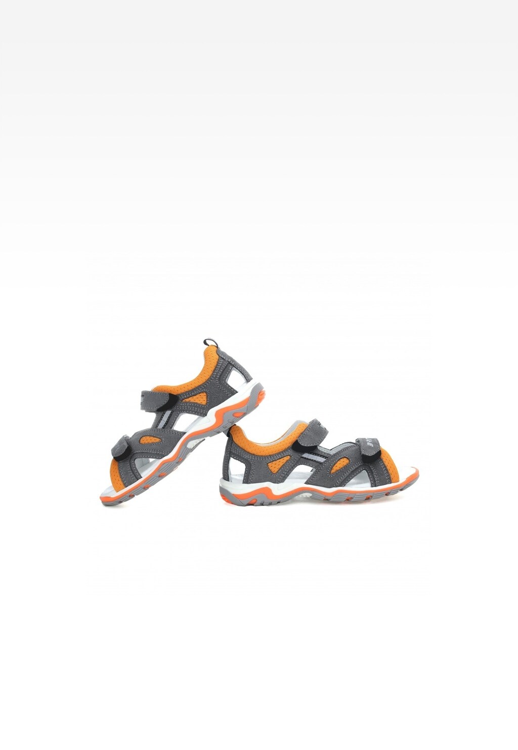 Dziecięce sandały Bartek 19176-009 w szaro-pomarańczowej kolorystyce, pokazane z boku. Model sportowy na rzepy z wyprofilowaną podeszwą i wygodnymi zapięciami.