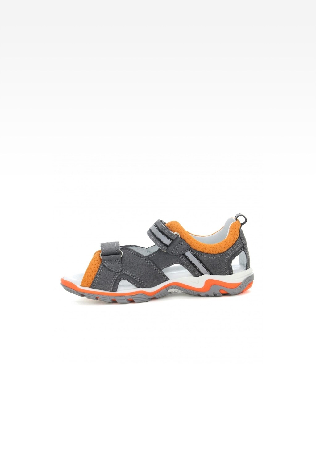 Sandały dziecięce BARTEK 19176-009 w szaro-pomarańczowej kolorystyce z rzepem, miękkim wykończeniem i antypoślizgową podeszwą, widoczne z boku.