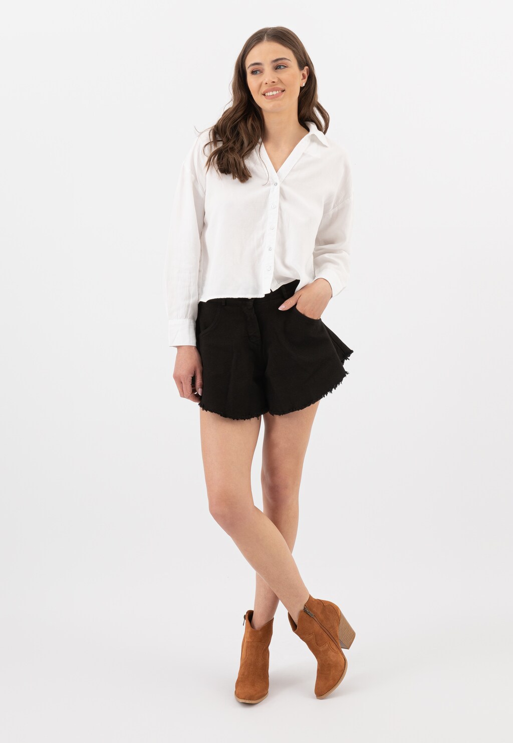 Pohodlné dámske členkové topánky z hnedej velúrovej kože 55193-63 Widok 1