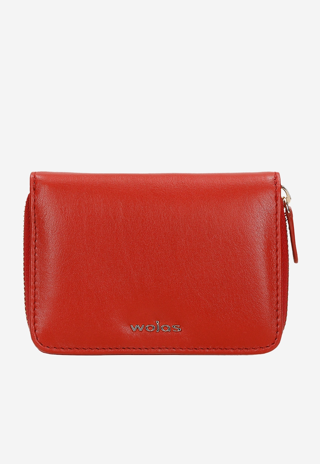 Elegancki czerwony portfel damski Wojas 91071-55 wykonany z gładkiej skóry licowej, z zamkiem błyskawicznym i logo marki na froncie.
