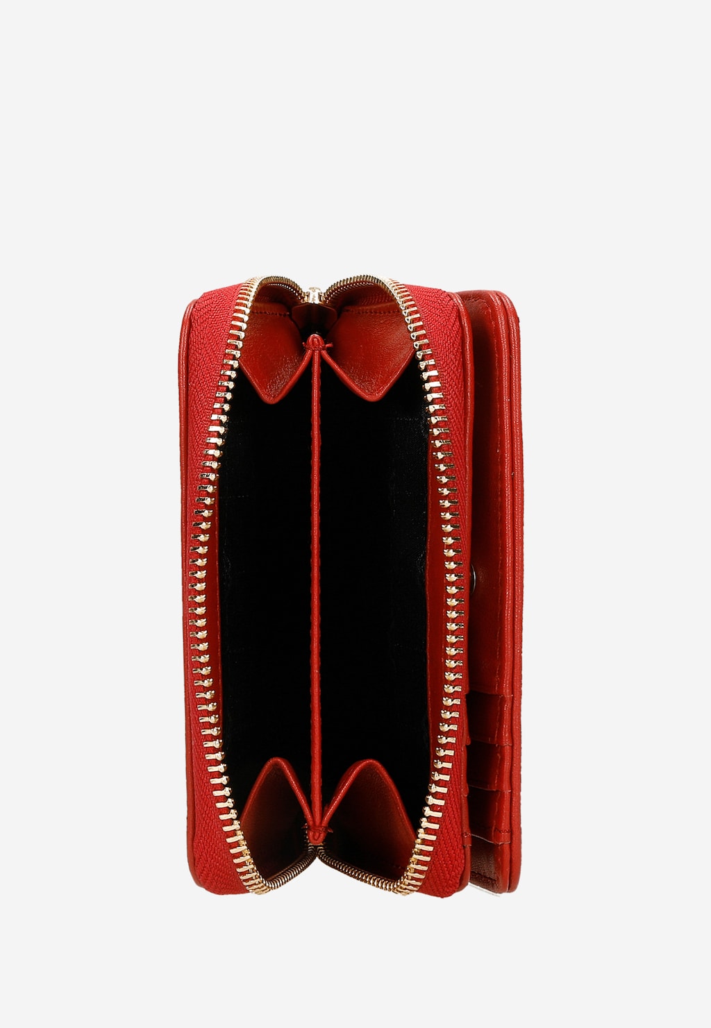 Mały czerwony portfel damski Wojas 91071-55 z gładkiej skóry licowej, otwarty, widok wnętrza z czarnymi przegródkami i złotym zamkiem błyskawicznym dookoła.