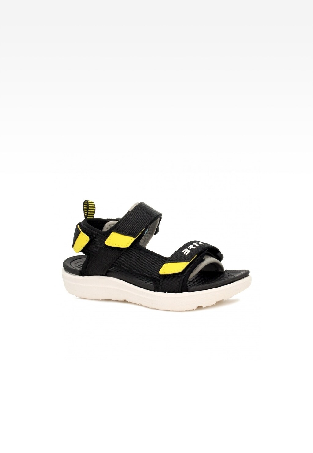 Dziecięce sandały Bartek 16054004 dla dziewcząt w czarno-żółtym kolorze z rzepami, na lekkiej, białej podeszwie, widok z boku.