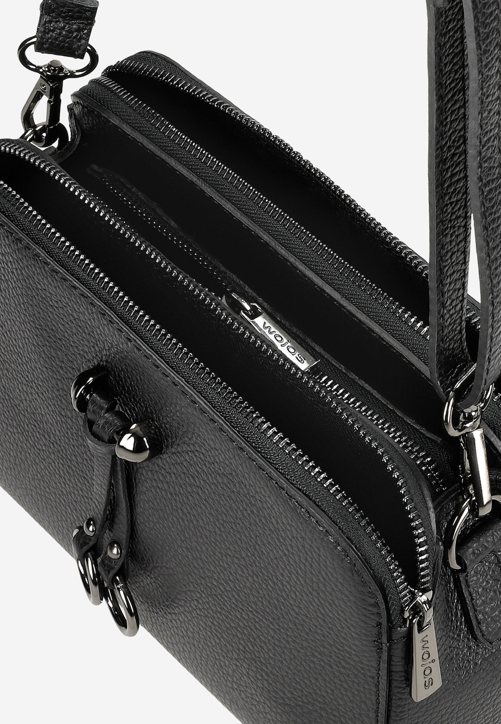 Elegancka czarna torebka Wojas 80310-51 ze skóry licowej z wieloma przegródkami, metalowymi zamkami i długim paskiem na ramię, widok z góry.