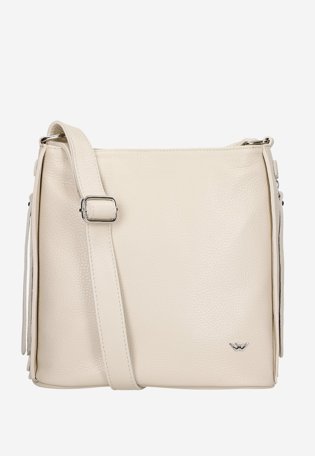 Beżowa skórzana torebka crossbody Wojas model 80067-54 z regulowanym paskiem, srebrnymi okuciami i charakterystycznym logo marki, idealna do codziennych stylizacji.