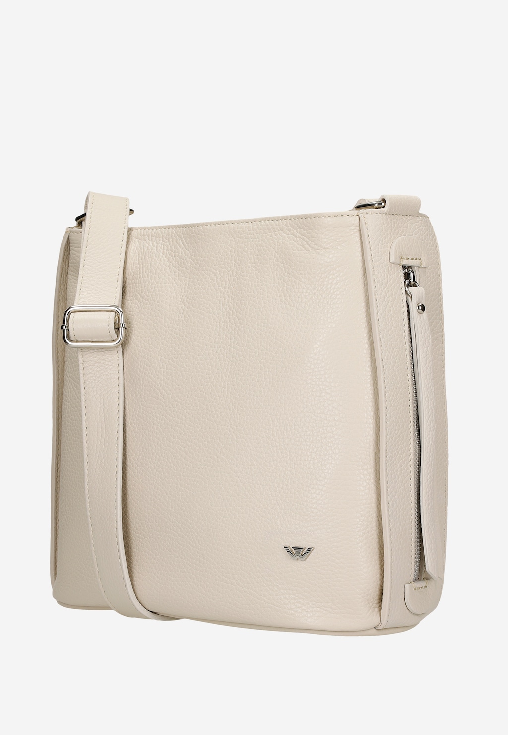 Beżowa skórzana torebka damska Wojas model 80067-54 w stylu crossbody z regulowanym paskiem, zamkiem błyskawicznym z boku i metalowym logo marki.