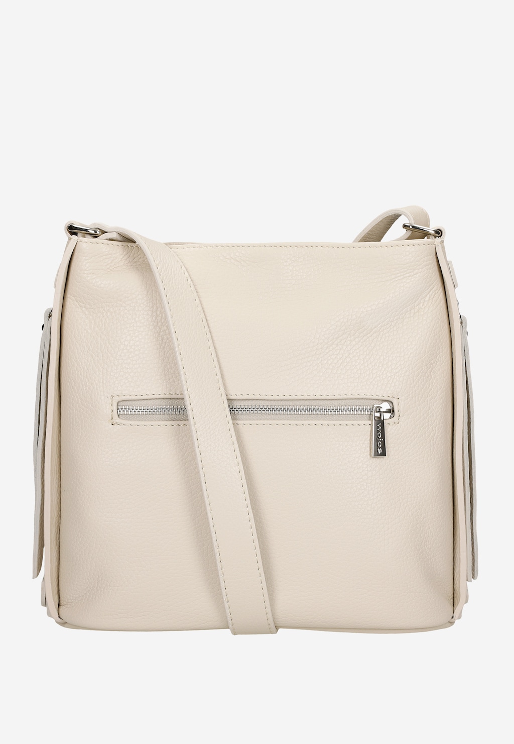 Beżowa skórzana torebka damska Wojas model 80067-54 w stylu crossbody z regulowanym paskiem na ramię i zewnętrzną kieszenią zapinaną na zamek błyskawiczny.