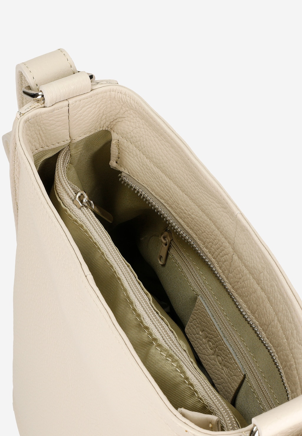 Beżowa skórzana torebka damska Wojas model 80067-54 crossbody z widocznym wnętrzem, ukazująca praktyczne kieszenie i eleganckie wykończenie.