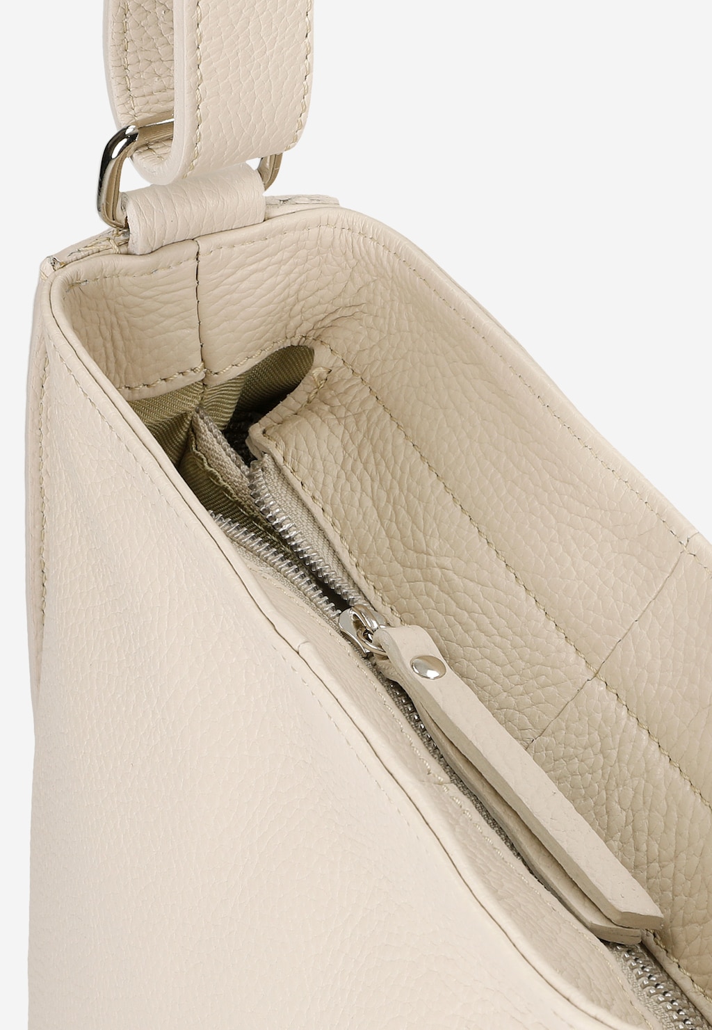 Beżowa skórzana torebka damska Wojas model 80067-54 typu crossbody z regulowanym paskiem i metalowym zamkiem błyskawicznym, ukazana z bliska w przekroju.