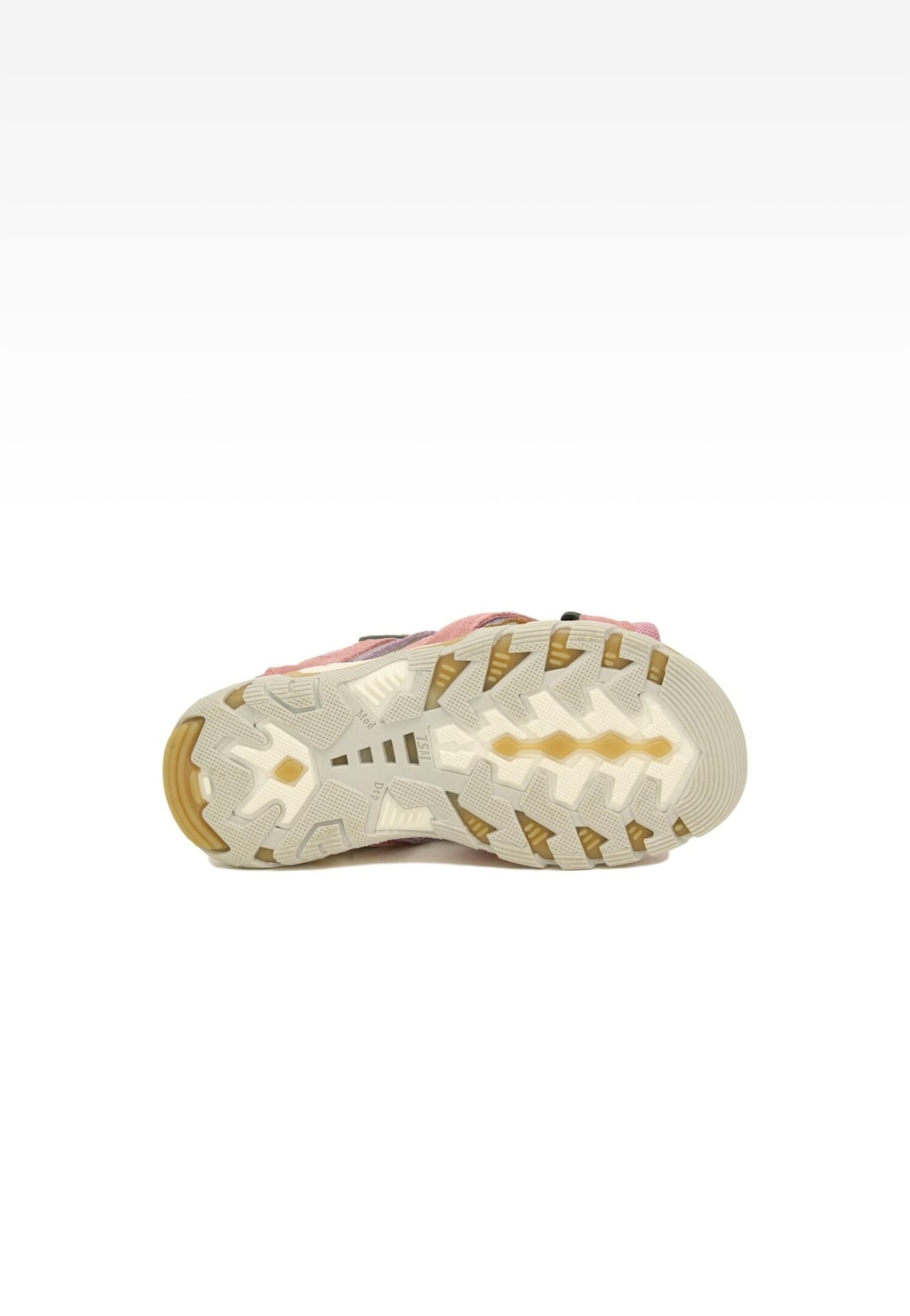 Podeszwa sandałów dziecięcych Bartek 016176-012 II w kolorze różowo-fioletowym dla dziewcząt, widok od spodu ukazujący antypoślizgowy wzór bieżnika.