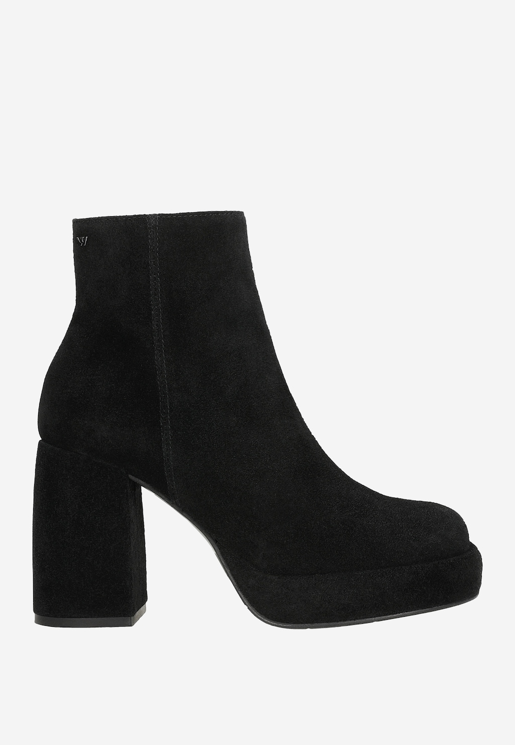 Czarne botki damskie Wojas model 55202-61 z dwoiny welurowej, na wysokim słupku i platformie, z eleganckim profilem i minimalistycznym designem.