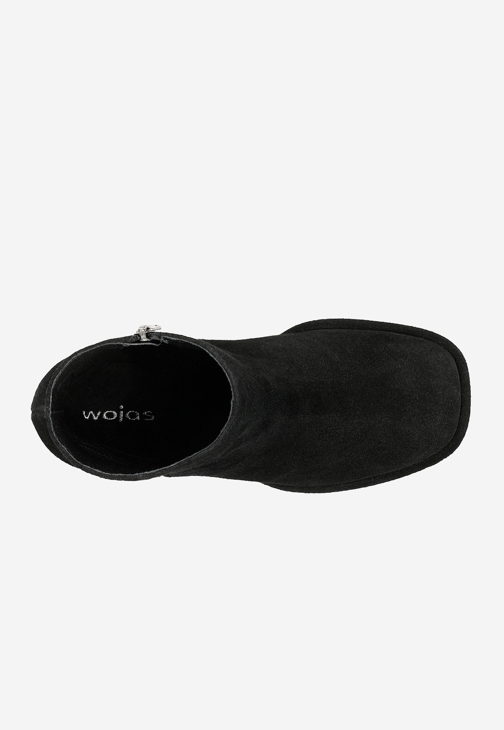 Czarne botki damskie Wojas model 55202-61 z dwoiny welurowej na słupku, widok z góry ukazujący charakterystyczną cholewkę i zamek błyskawiczny.