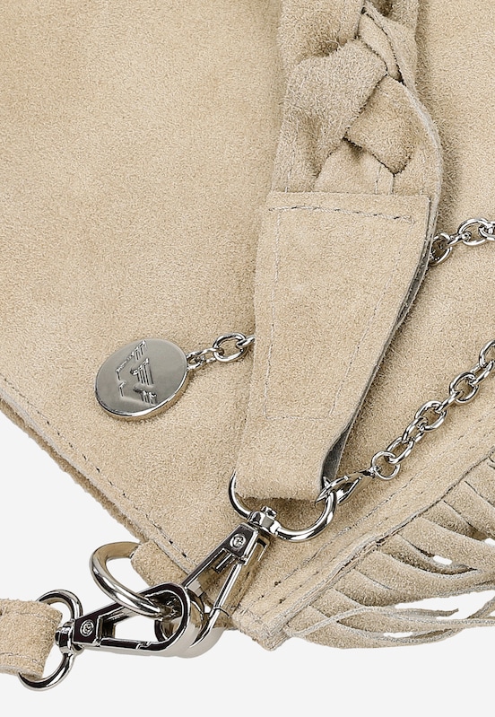 Duża beżowa shopperka damska z frędzelkami w stylu boho - szczegóły