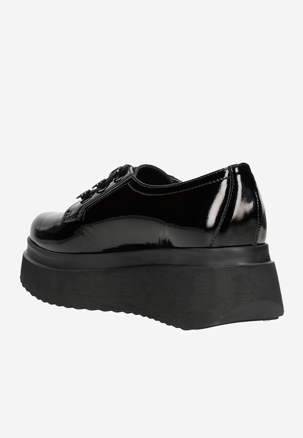 Czarne lakierowane creepersy damskie Wojas 46006-39 z grubą podeszwą platformową, widoczne z boku, prezentujące elegancki połysk i charakterystyczny masywny design.