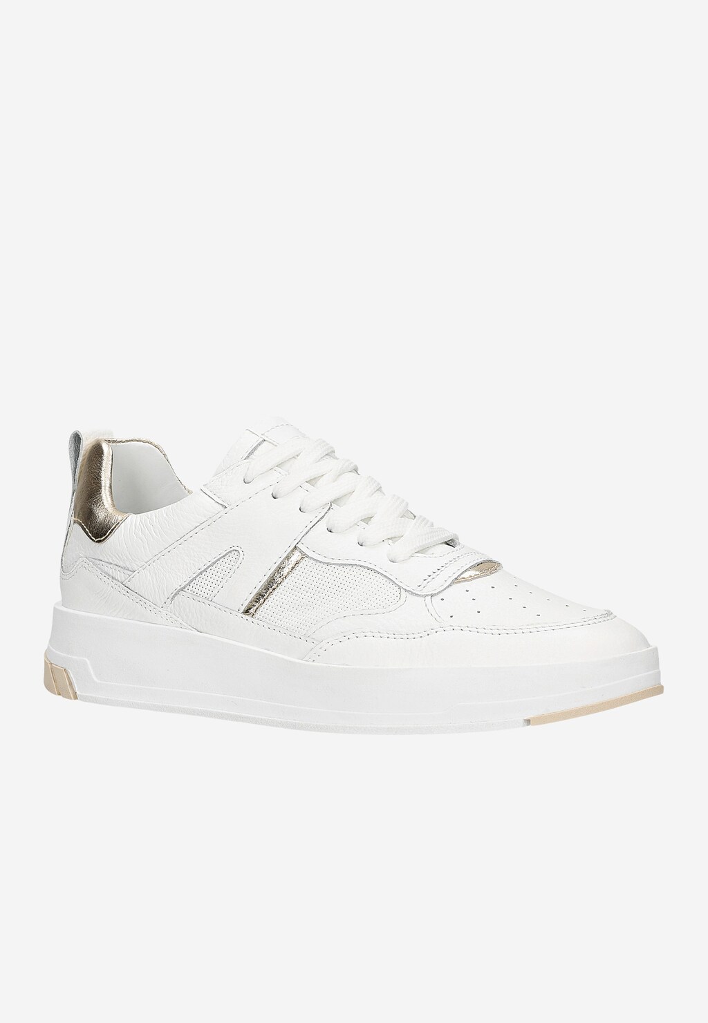 Białe skórzane trampki damskie Wojas 46211-79 ze złotymi akcentami na zapiętku i bokach, na grubej białej podeszwie, z perforacją dla lepszej oddychalności.