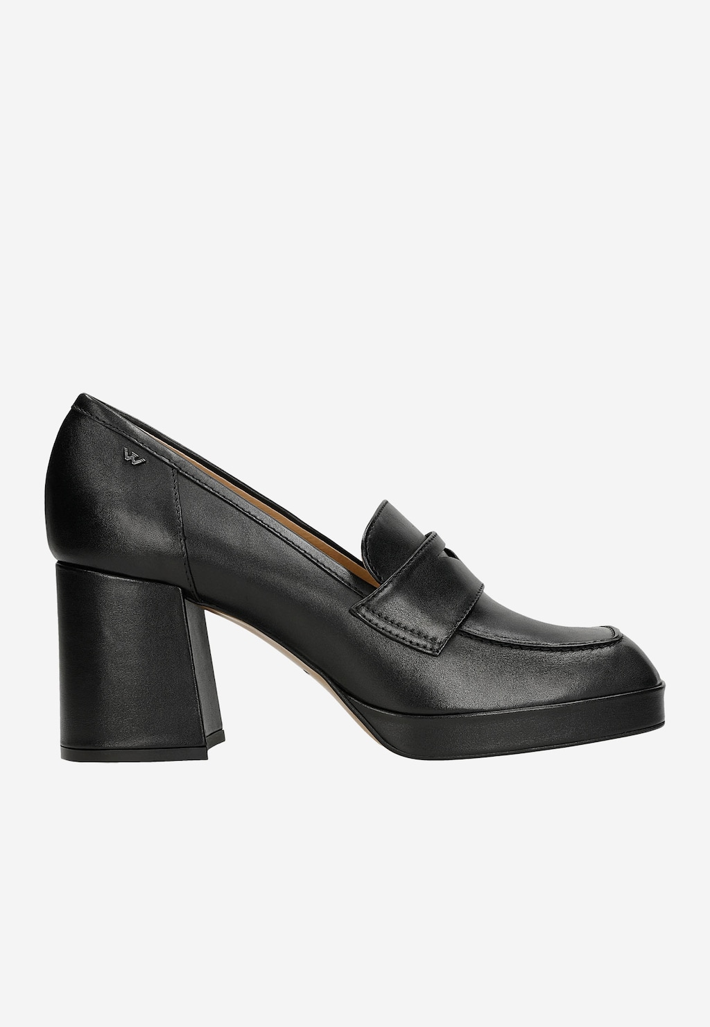Czarne skórzane mokasyny damskie Wojas 46219-51 z kwadratowym noskiem na wysokim, masywnym obcasie. Elegancki model z charakterystycznym paskiem na przodzie.