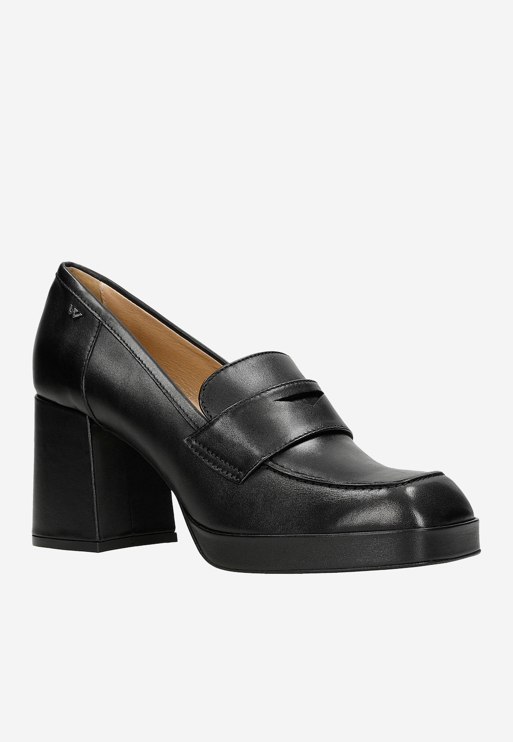 Czarne wysokie mokasyny damskie Wojas 46219-51 z kwadratowym noskiem, wykonane ze skóry naturalnej, na masywnym słupkowym obcasie, z charakterystycznym paskiem na przodzie.