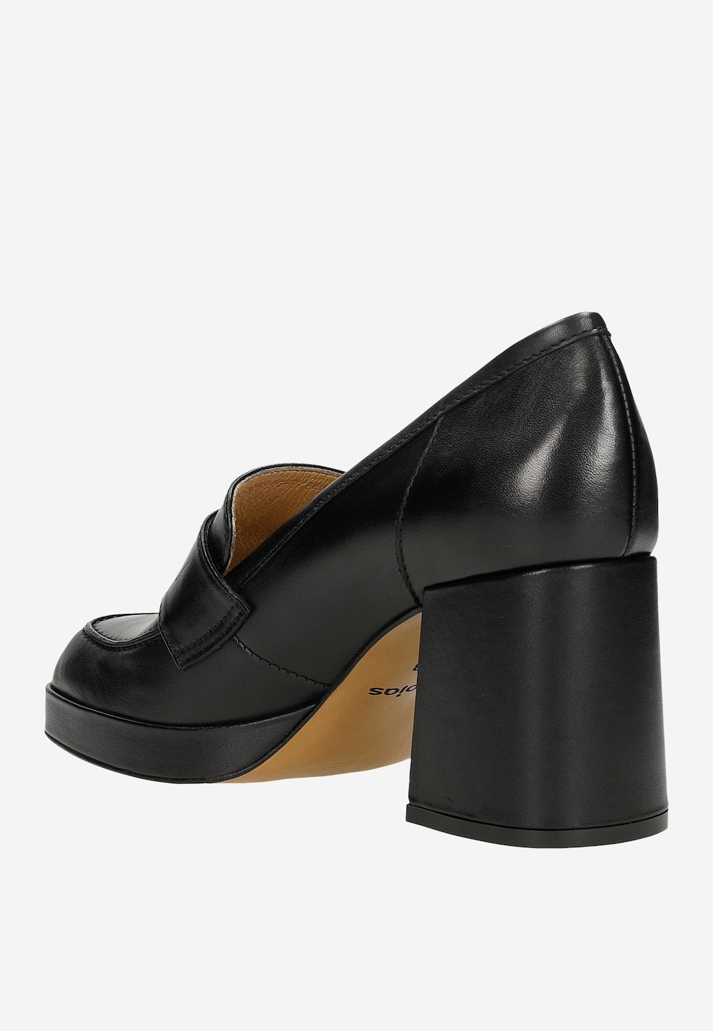 Czarne mokasyny damskie Wojas 46219-51 z kwadratowym noskiem, widok z tyłu ukazujący wysoki, masywny obcas i platformę, wykonane z wysokiej jakości skóry.