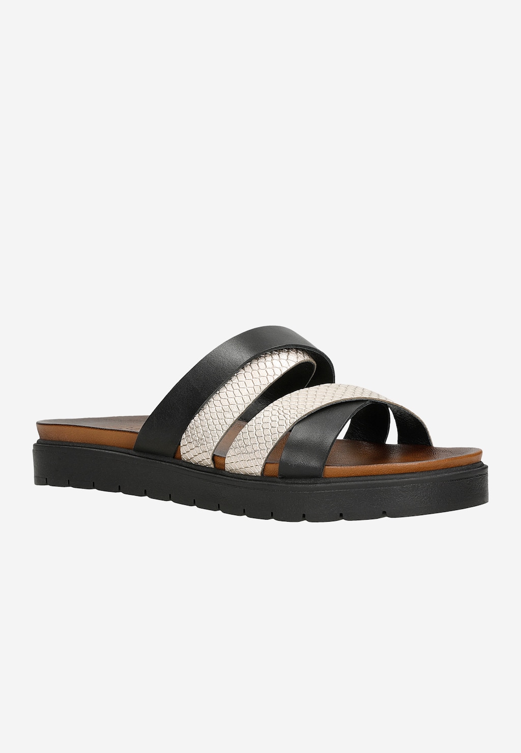 Czarne klapki damskie Wojas 74109-71 z ozdobnymi złotymi paskami, wygodną podeszwą i brązowym wyściełaniem. Widok z boku ukazuje kontrastowe elementy.