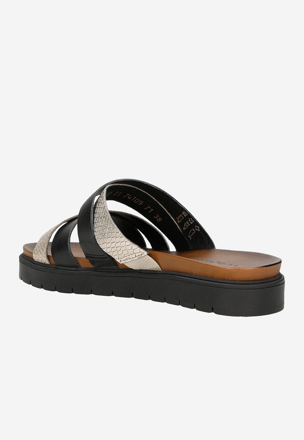 Klapki damskie Wojas 74109-71 z czarnego materiału ze złotymi paskami, wzorzystą wstawką i brązową wkładką, na płaskiej czarnej podeszwie.