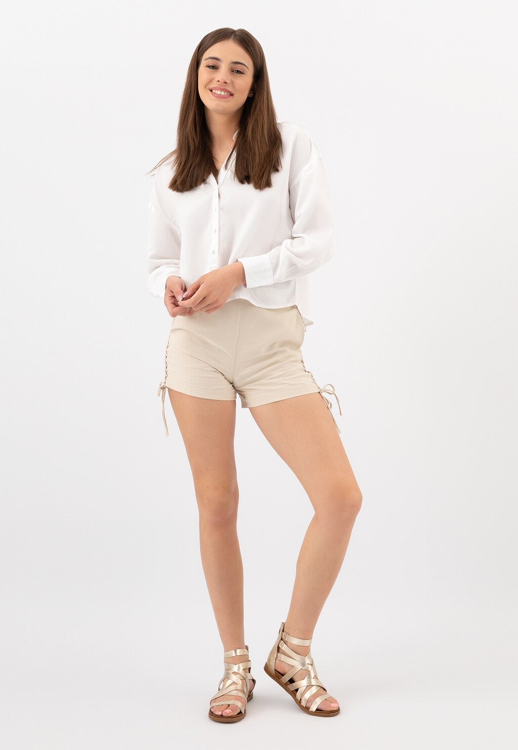 Skórzane złote sandały damskie na płaskiej podeszwie 76062-58 Widok 1