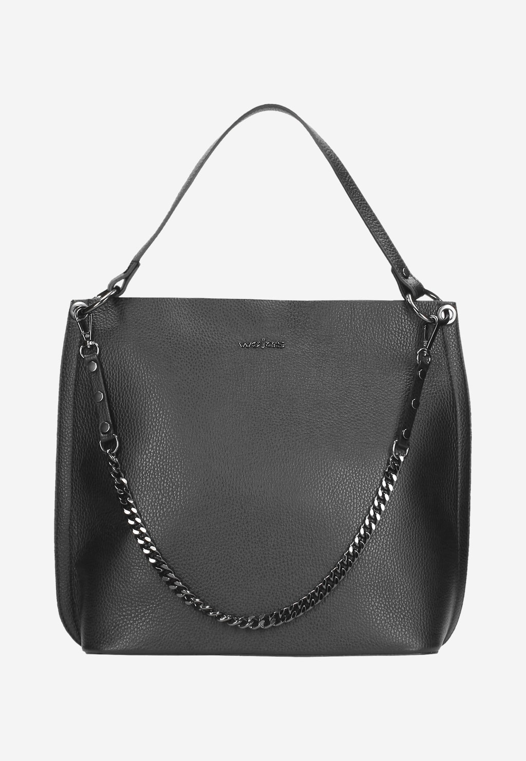 Elegancka czarna skórzana torebka damska Wojas model 9820-51 z wytłoczonym logo, wyposażona w uchwyt i metalowy łańcuszek jako dodatkowy element ozdobny.