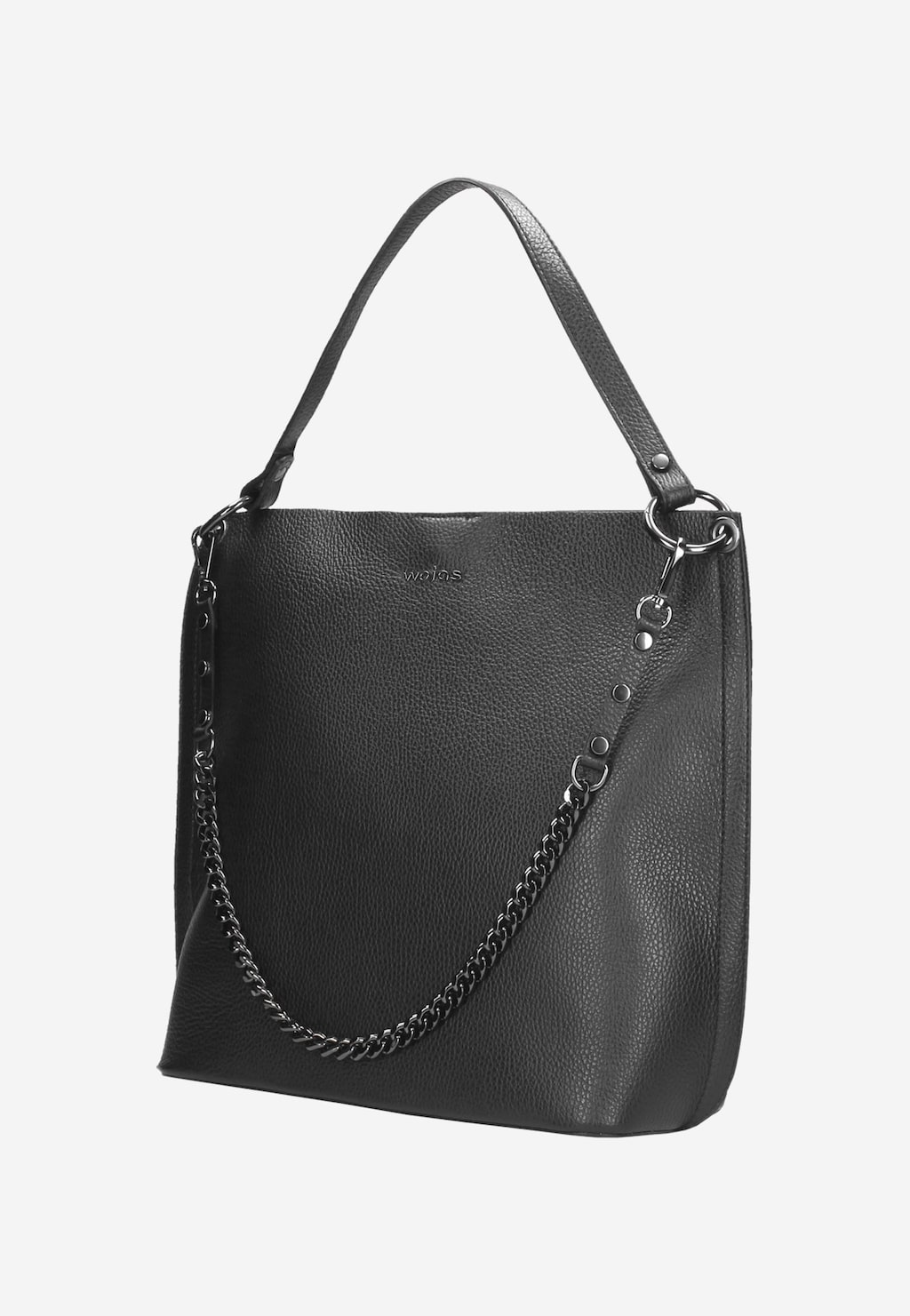 Elegancka czarna skórzana torebka damska Wojas model 9820-51 z pojedynczym uchwytem i ozdobnym łańcuszkiem, sfotografowana z boku na jasnym tle.
