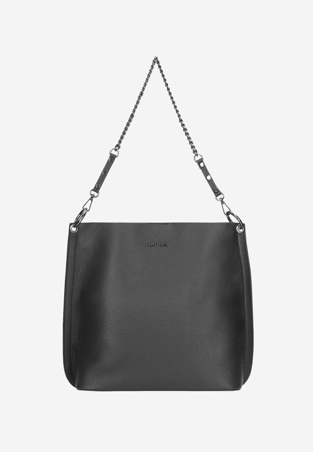 Czarna skórzana torebka damska Wojas model 9820-51 z metalowym łańcuszkowym uchwytem, prezentowana na wprost, o prostej, eleganciej formie z logo marki.