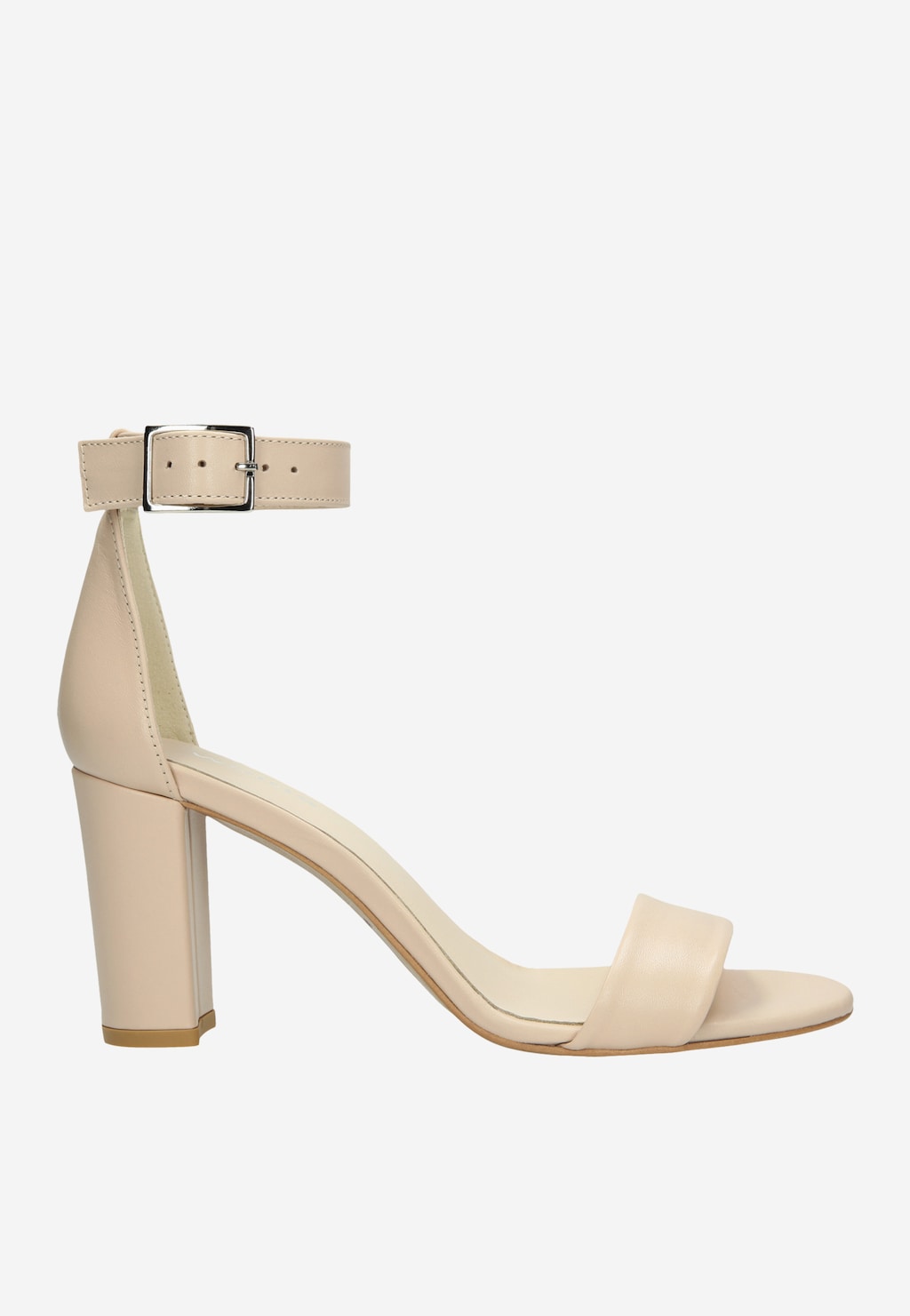 Eleganckie beżowe sandały damskie Wojas model 76028-54 z zapięciem wokół kostki, stabilnym obcasem i minimalistycznym paskiem na przodzie.