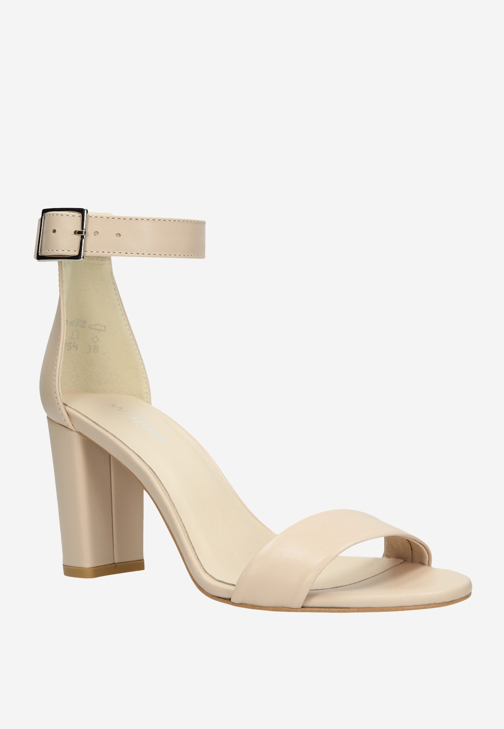 Eleganckie beżowe sandały damskie Wojas model 76028-54 z paskiem wokół kostki, na stabilnym słupkowym obcasie, idealne na letnie wyjścia.