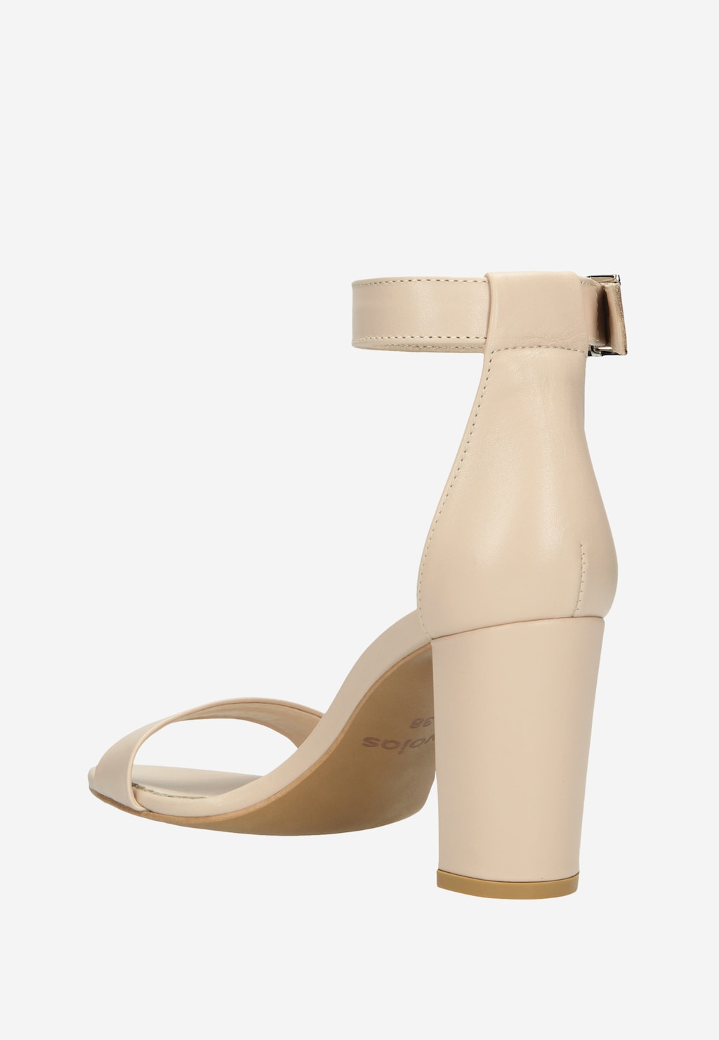 Eleganckie beżowe sandały damskie Wojas model 76028-54 z paskiem wokół kostki, widok z tyłu ukazujący szeroki obcas słupkowy i minimalistyczny design.