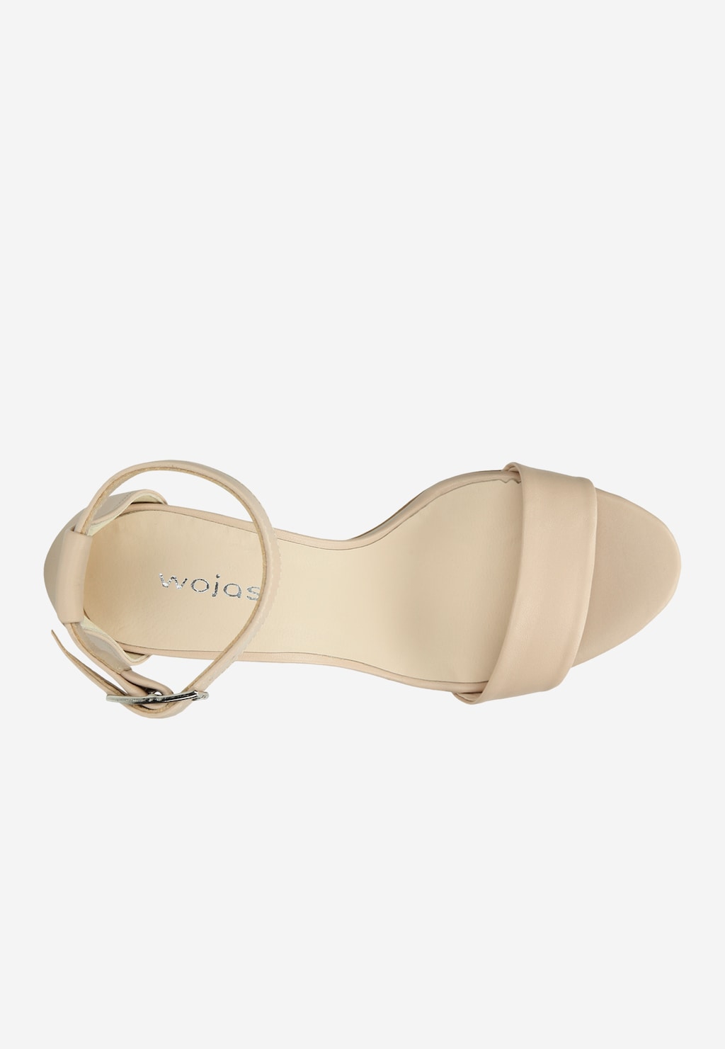 Eleganckie beżowe sandały damskie Wojas 76028-54 z szerokim paskiem na przodzie i delikatnym zapięciem wokół kostki, widok z góry.