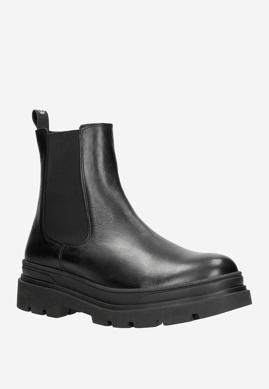 Czarne sztyblety męskie Wojas model 20013-51 z boczną gumką, wykonane ze skóry naturalnej, na grubej, masywnej podeszwie z protektorem, widok z boku.