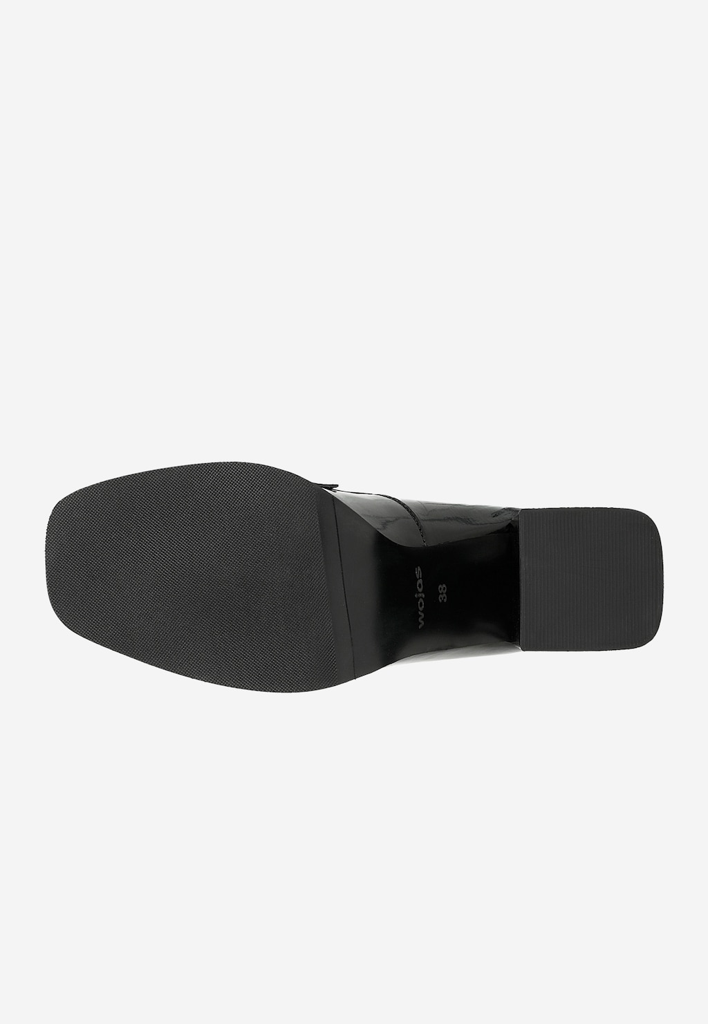 Podeszwa czarnych lakierowanych mokasynów damskich Wojas model 46204-31 z widocznym solidnym obcasem i antypoślizgową powierzchnią, rozmiar 38.