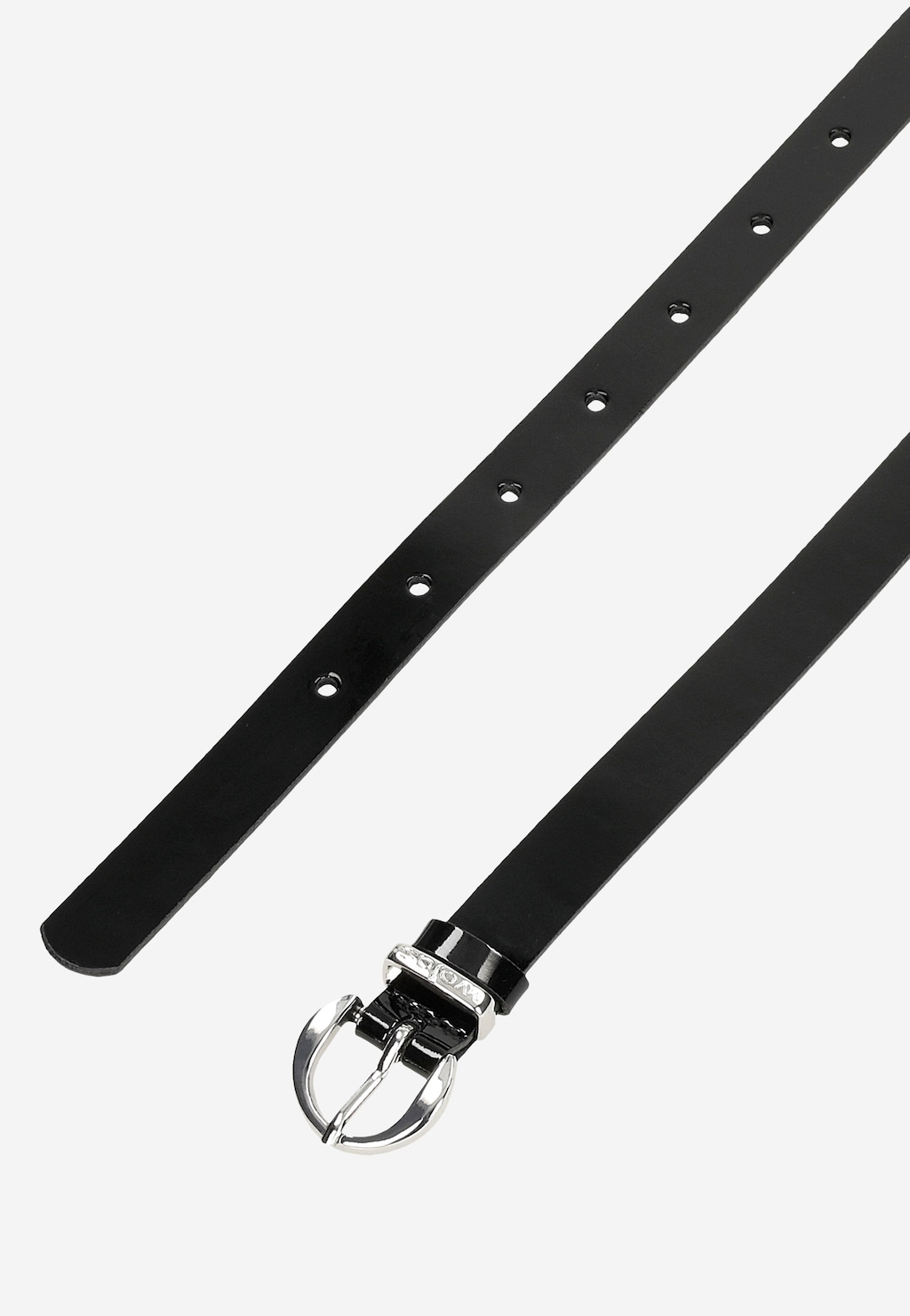 Elegancki czarny pasek damski Wojas 93094-31 z lakierowanej skóry licowej, z metalową klamrą w srebrnym kolorze i regulowaną długością dzięki otworom na całej długości.