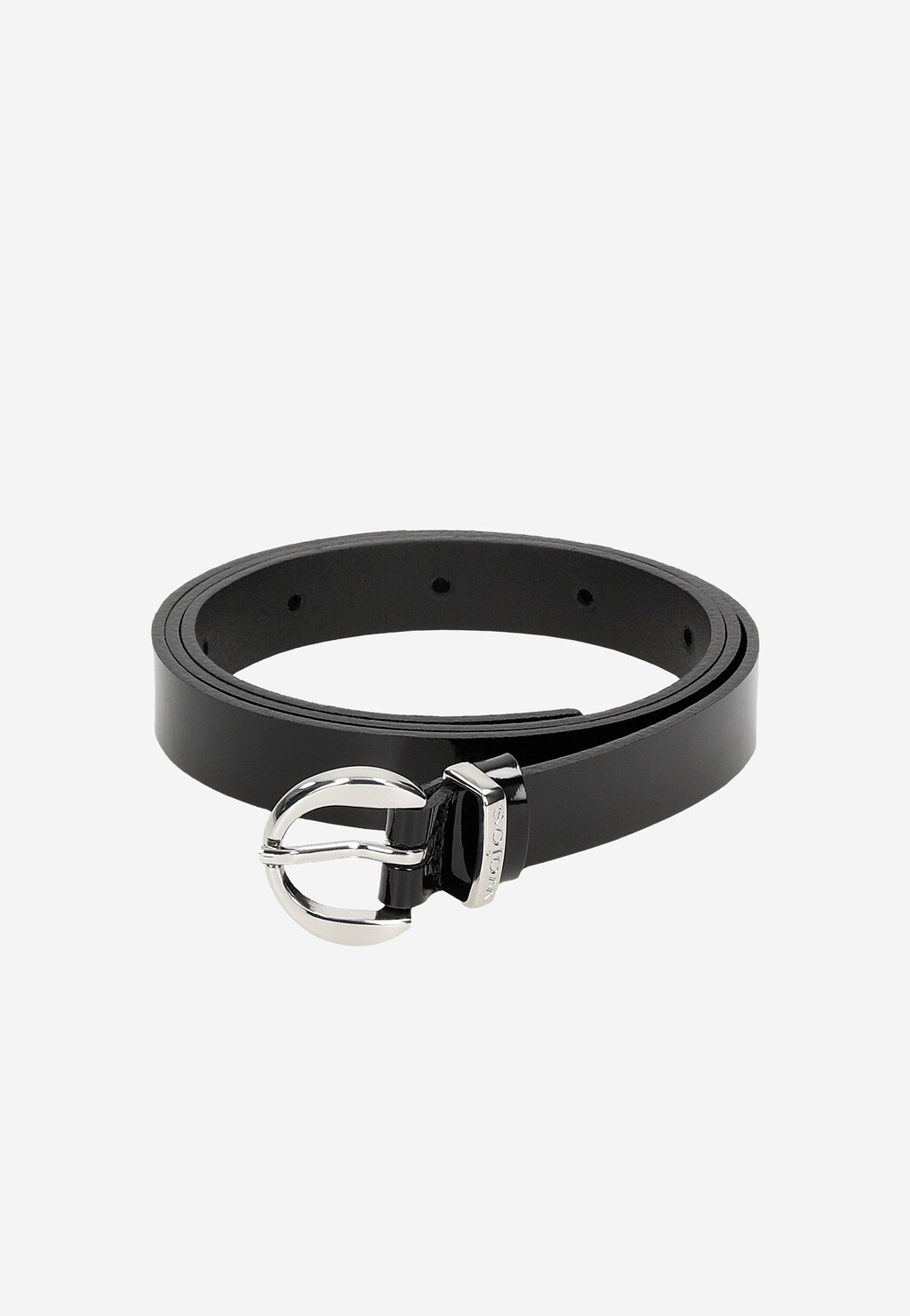 Elegancki czarny pasek damski Wojas 93094-31 z lakierowanej skóry licowej z metalową srebrną klamrą, widoczne dziurki do regulacji długości.