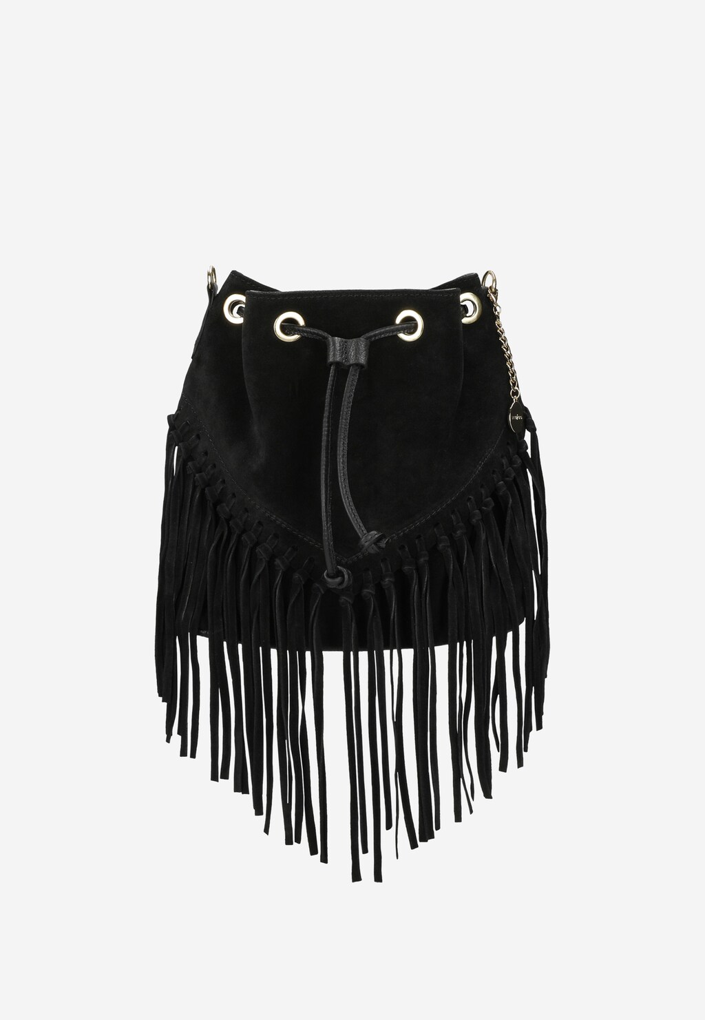 Czarna zamszowa torebka Wojas model 80307-61 w stylu boho z charakterystycznymi frędzlami, ściągana sznurkiem, z metalowymi oczkami i łańcuszkiem.