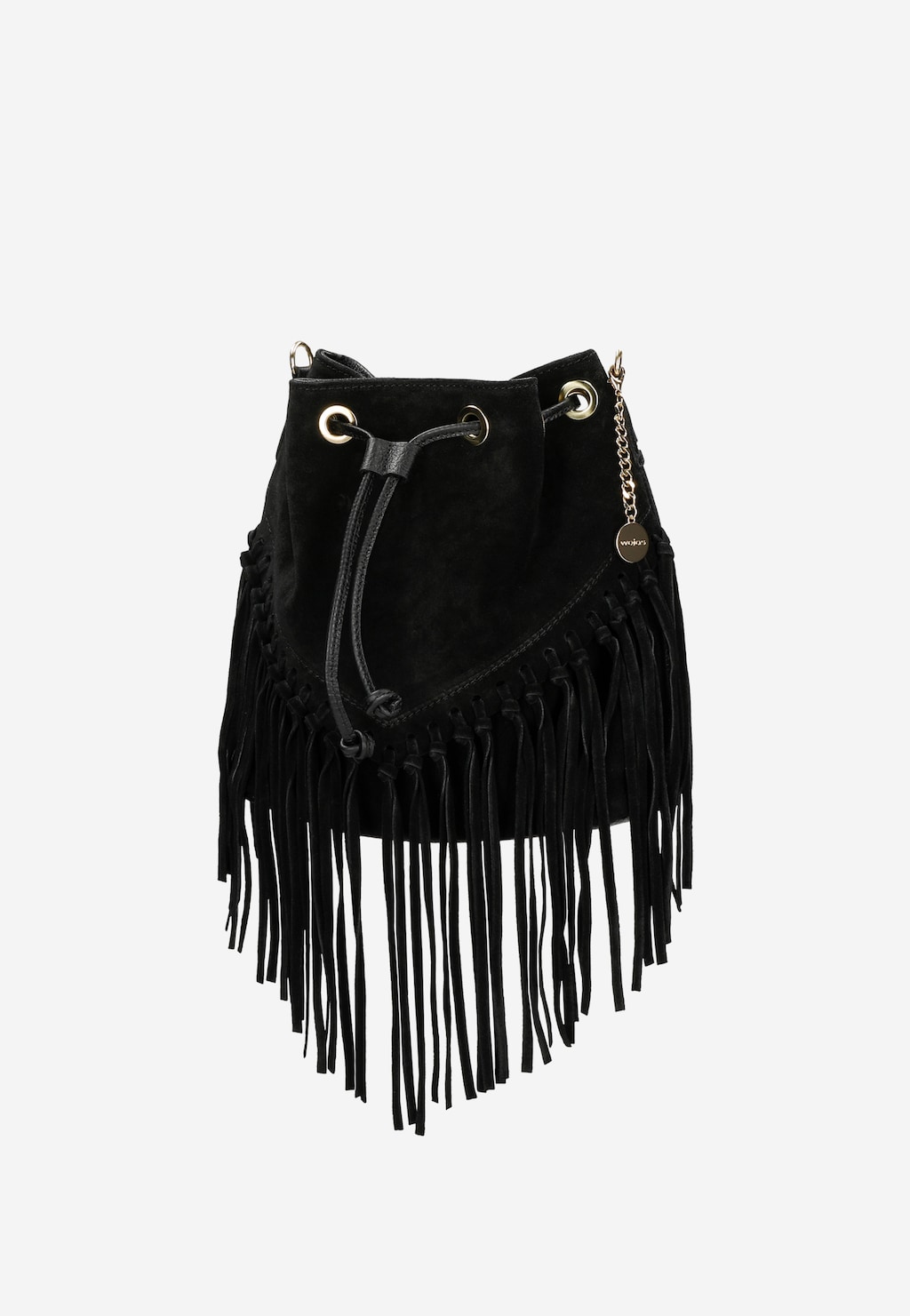 Czarna zamszowa torebka Wojas model 80307-61 typu worek z długimi frędzlami w stylu boho, złotymi okuciami i łańcuszkowym paskiem z zawieszką marki.