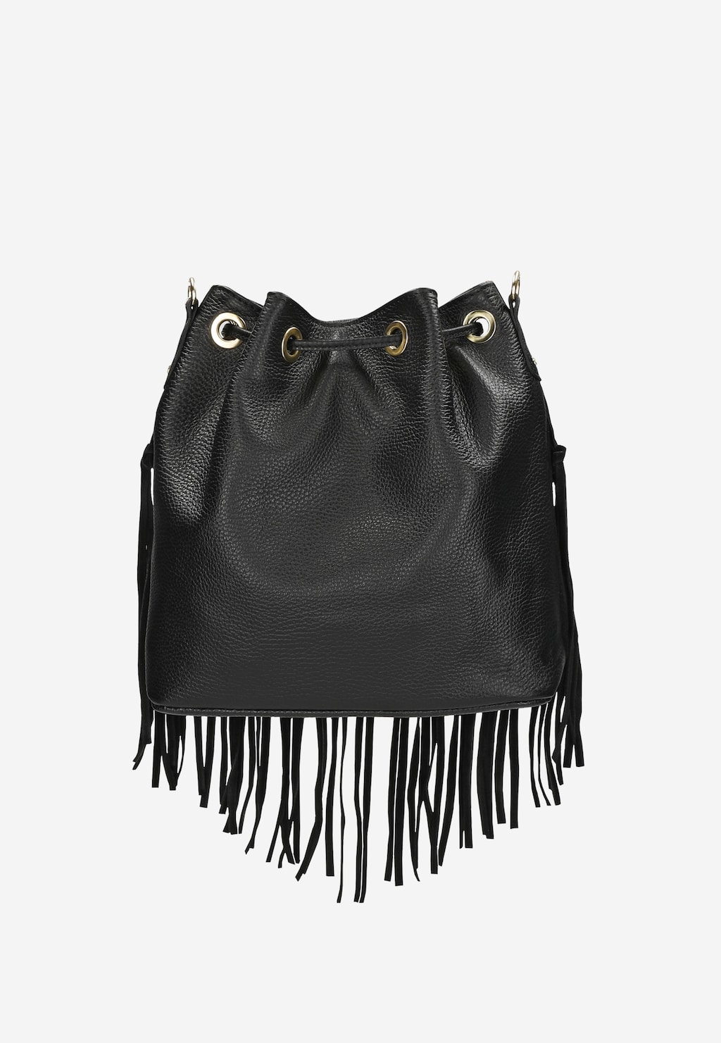 Czarna skórzana torebka Wojas model 80307-61 w stylu boho z charakterystycznymi frędzlami na dole, ze ściąganym zamknięciem i metalowymi oczkami.