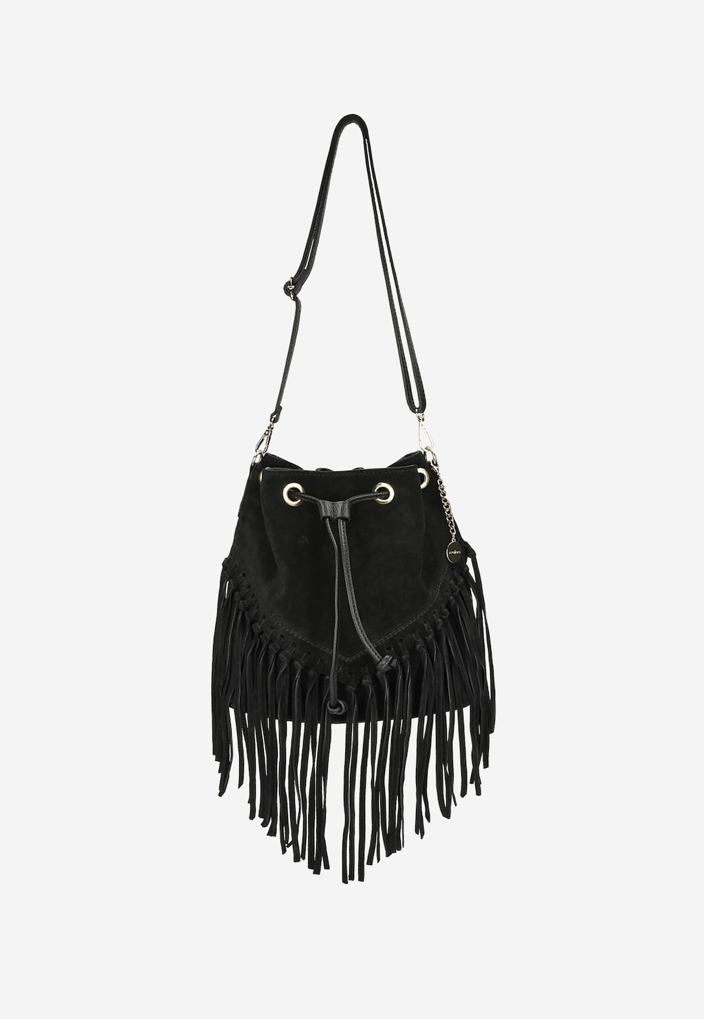 Czarna torebka Wojas model 80307-61 w stylu boho z długimi frędzlami, typu worek ze ściągaczem, z długim regulowanym paskiem i metalowymi oczkami.