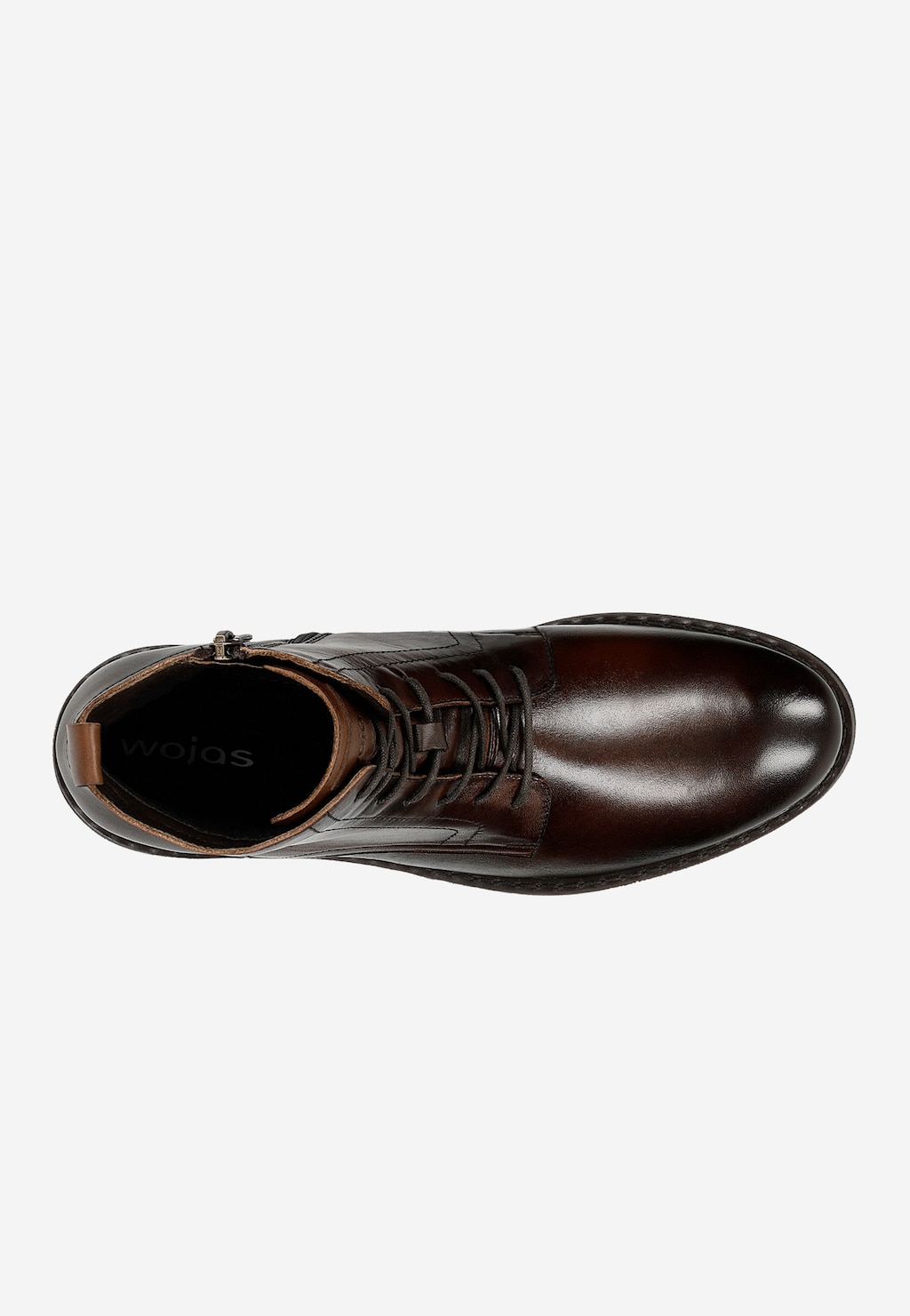Brązowe skórzane trzewiki męskie Wojas 24052-52 z ociepleniem, widok z góry. Eleganckie buty ze sznurowaniem i wyraźnym logo marki wewnątrz.