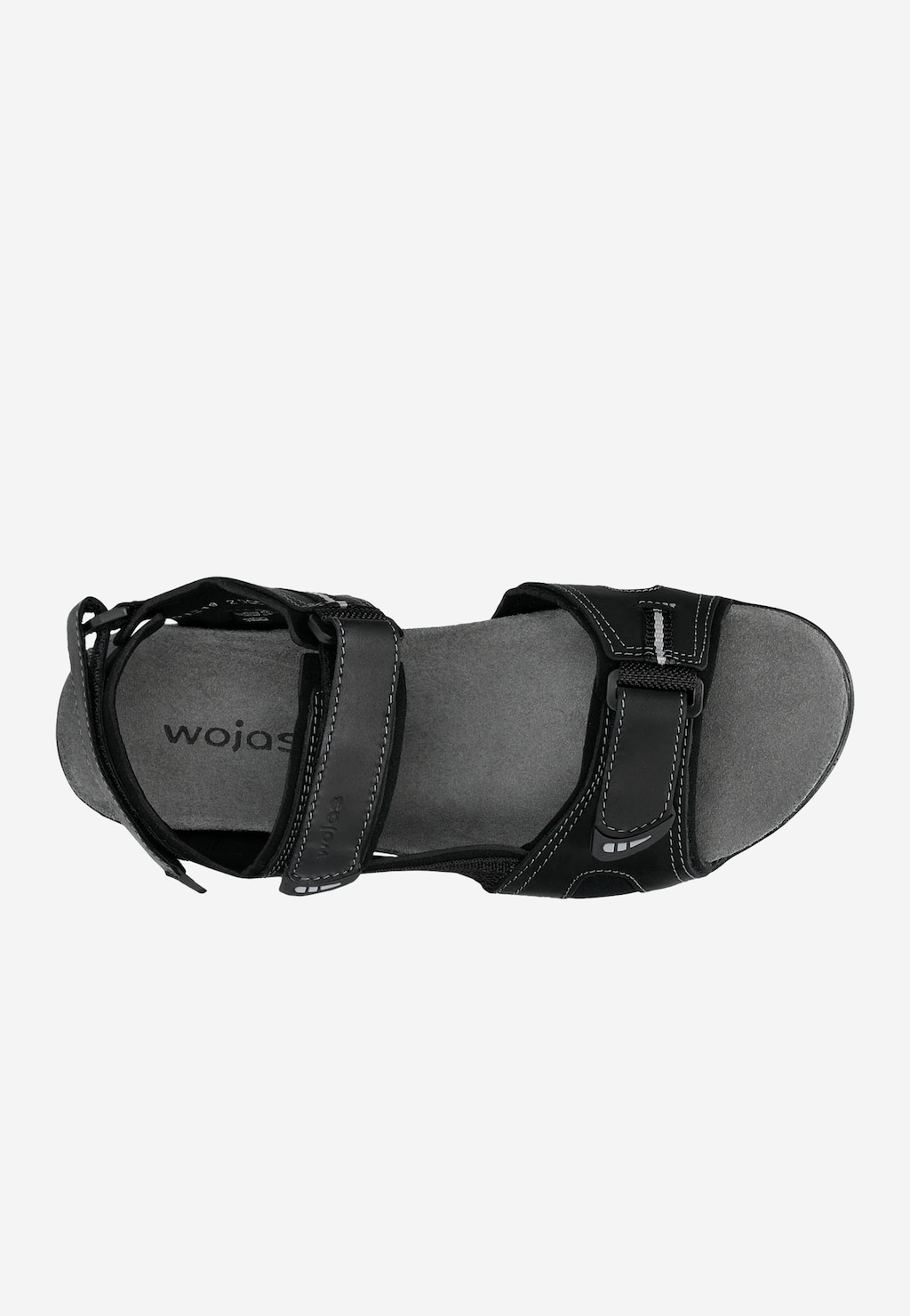 Czarne męskie sandały Wojas model 29006-91 z widokiem z góry, ukazujące szarą wkładkę z logo, regulowane paski z rzepami i kontrastowe szwy.