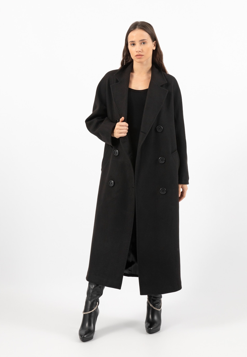 RELAKS dlouhý černý dámský kabát R99015-41 Widok 3