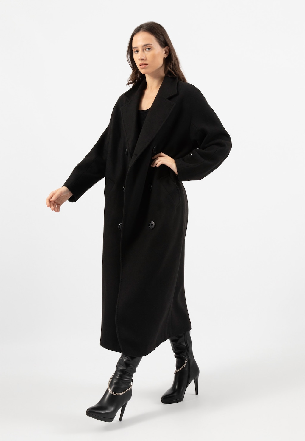 RELAKS dlouhý černý dámský kabát R99015-41 Widok 4