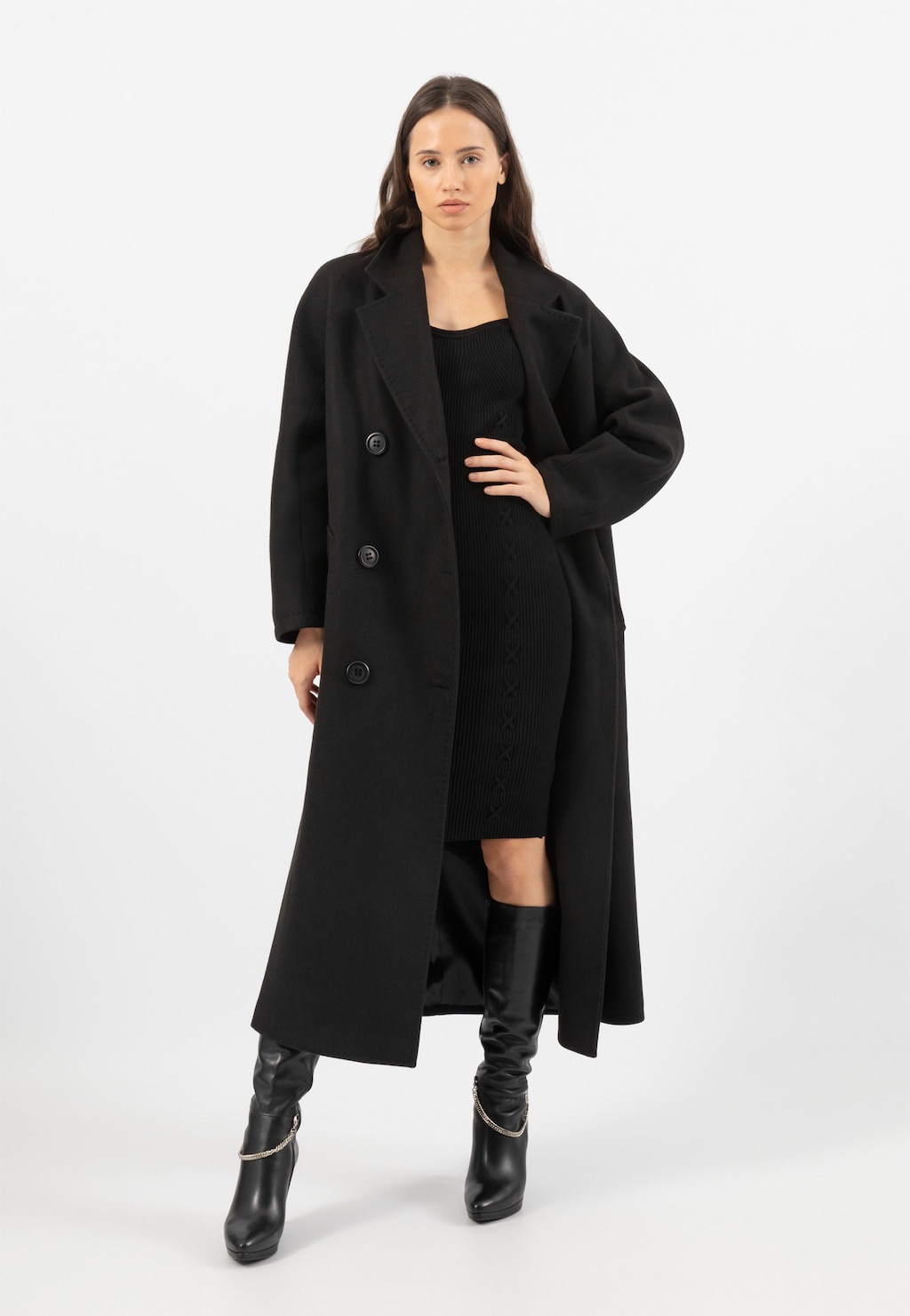 RELAKS dlouhý černý dámský kabát R99015-41 Widok 7