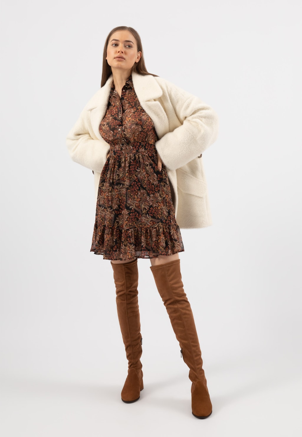 RELAKS krátký chlupatý dámský kabát v barvě ecru R9902349 Widok 3