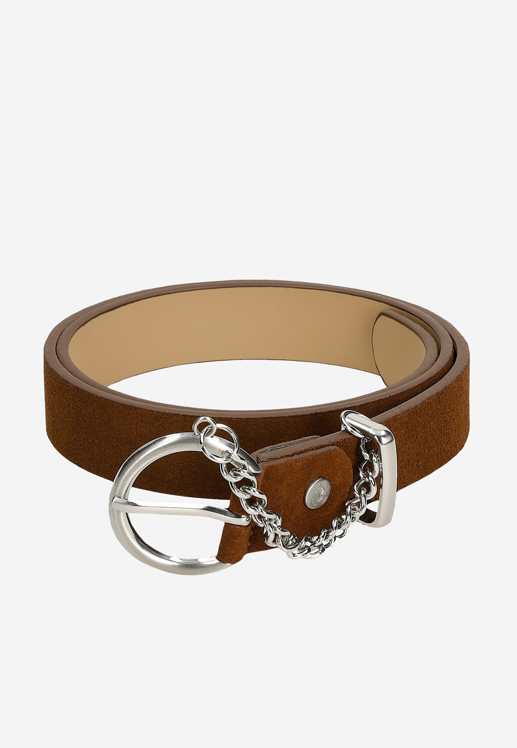 Moderní úzký hnědý dámský pásek s řetízkem a kulatou sponou 93060-62 Widok 5