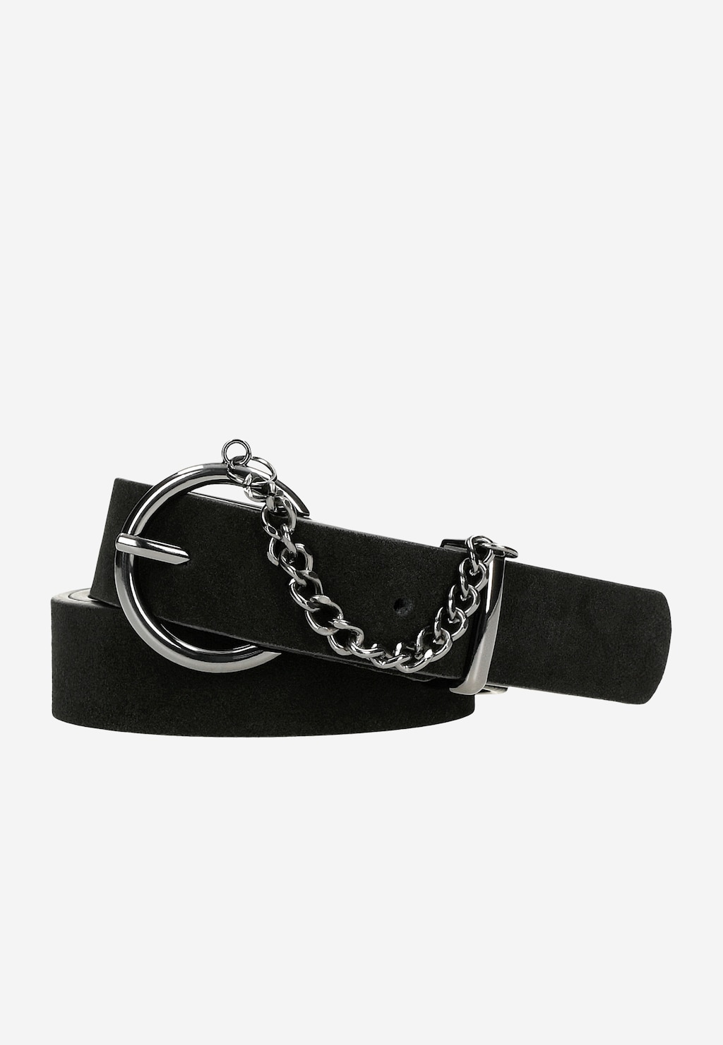 Czarny welurowy pasek damski Wojas 93060-71 z metalową okrągłą klamrą i ozdobnym łańcuszkiem. Elegancki dodatek o matowym wykończeniu i srebrzystych detalach.