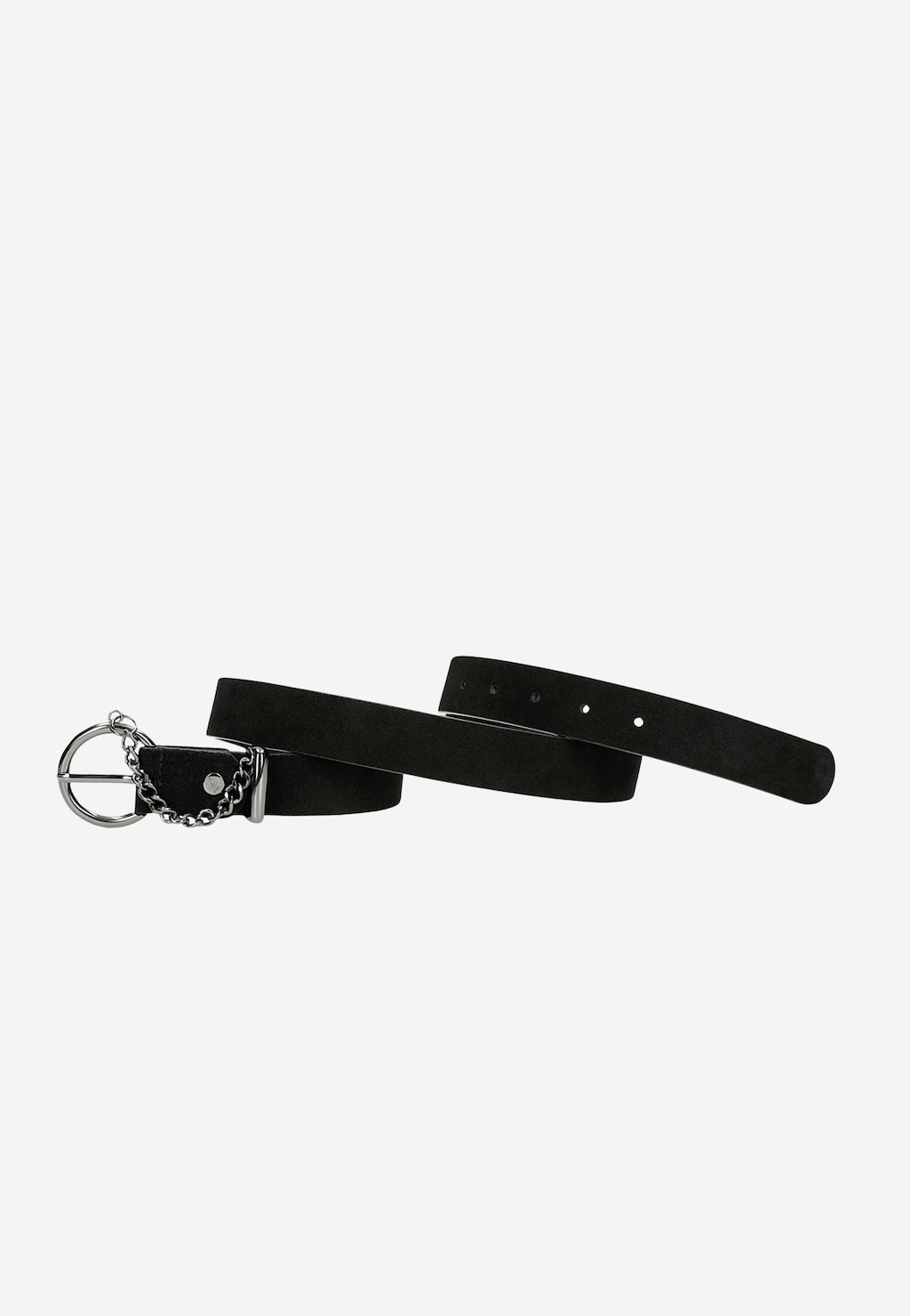 Czarny pasek damski welurowy Wojas model 93060-71 z okrągłą metalową klamrą i ozdobnym łańcuszkiem, elegancko ułożony, ukazujący dziurki i delikatną fakturę materiału.